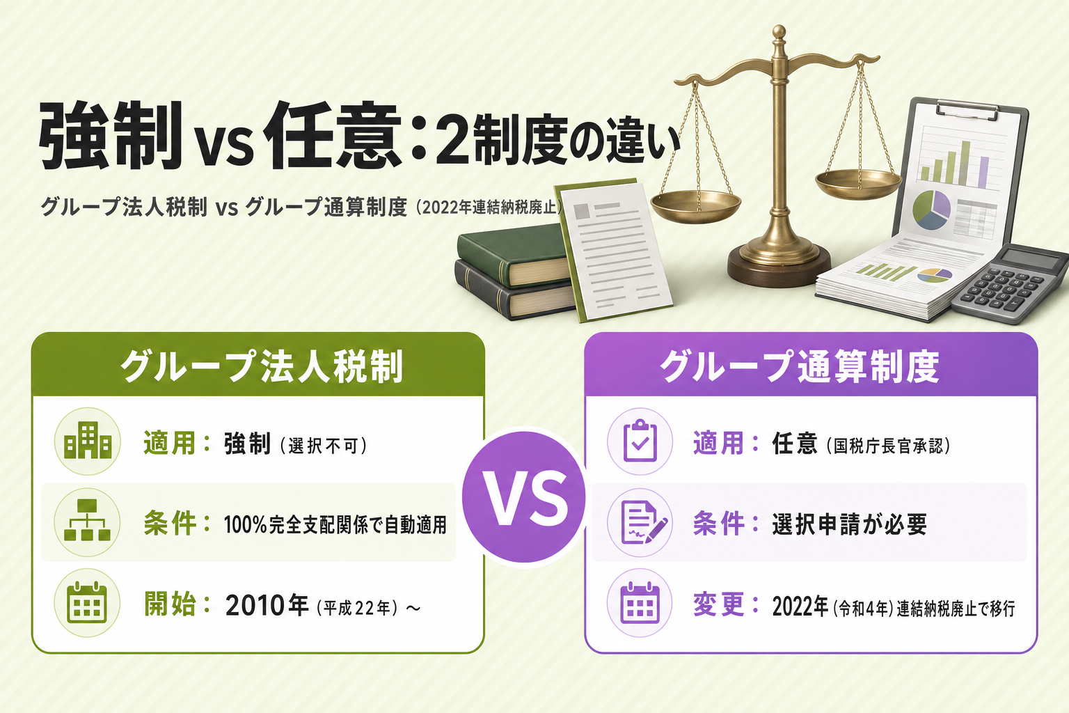 グループ法人税制とグループ通算制度の強制・任意早見表
