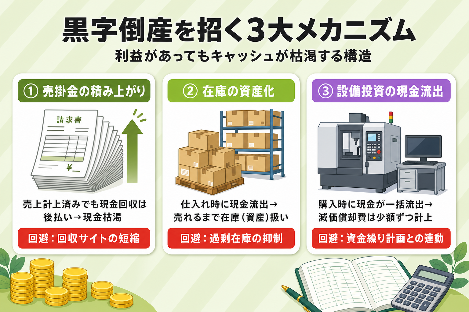 黒字倒産を招く3大メカニズム（売掛金積み上がり・在庫資産化・設備投資流出）
