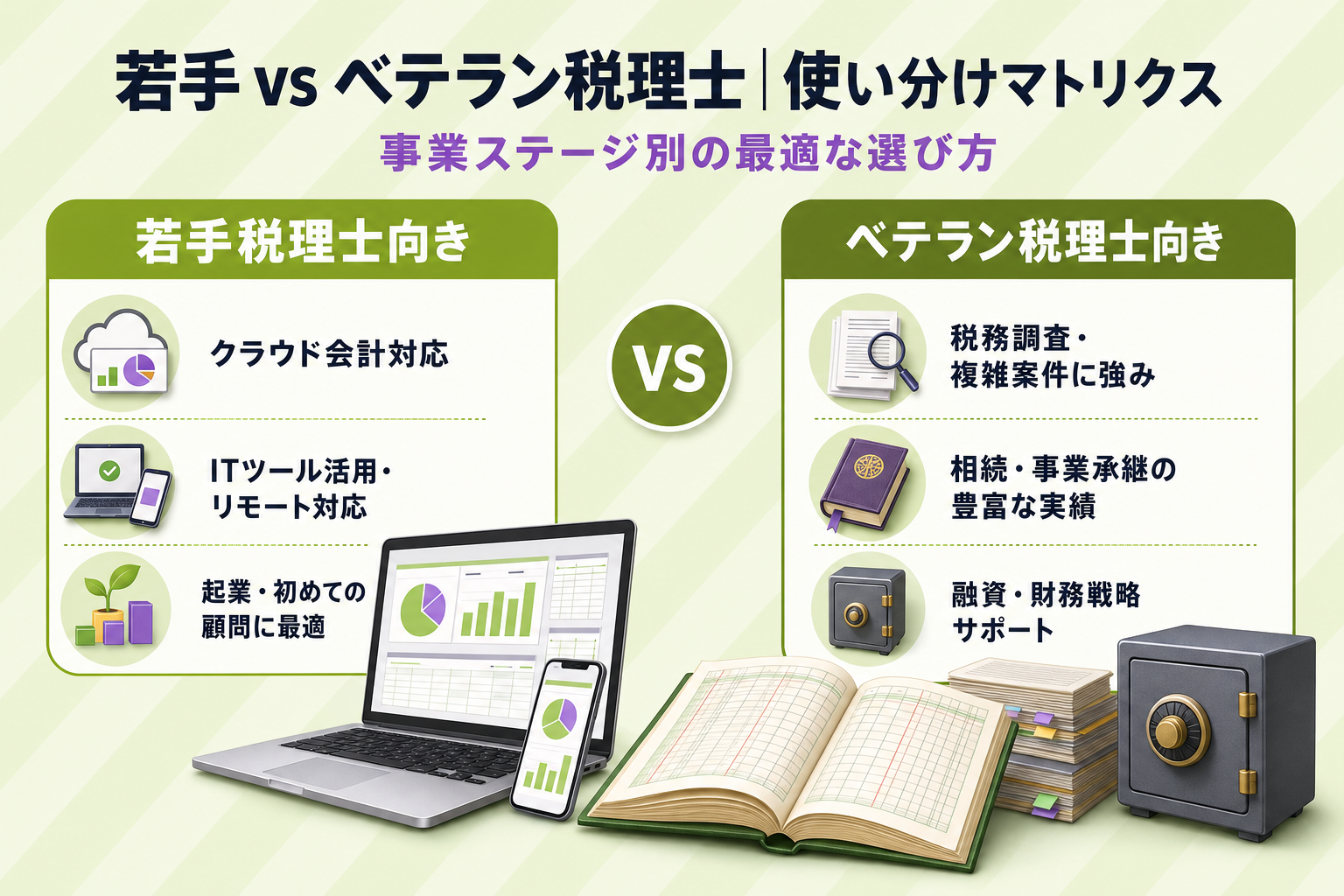 h2画像（若手vsベテラン税理士の使い分けマトリクス）