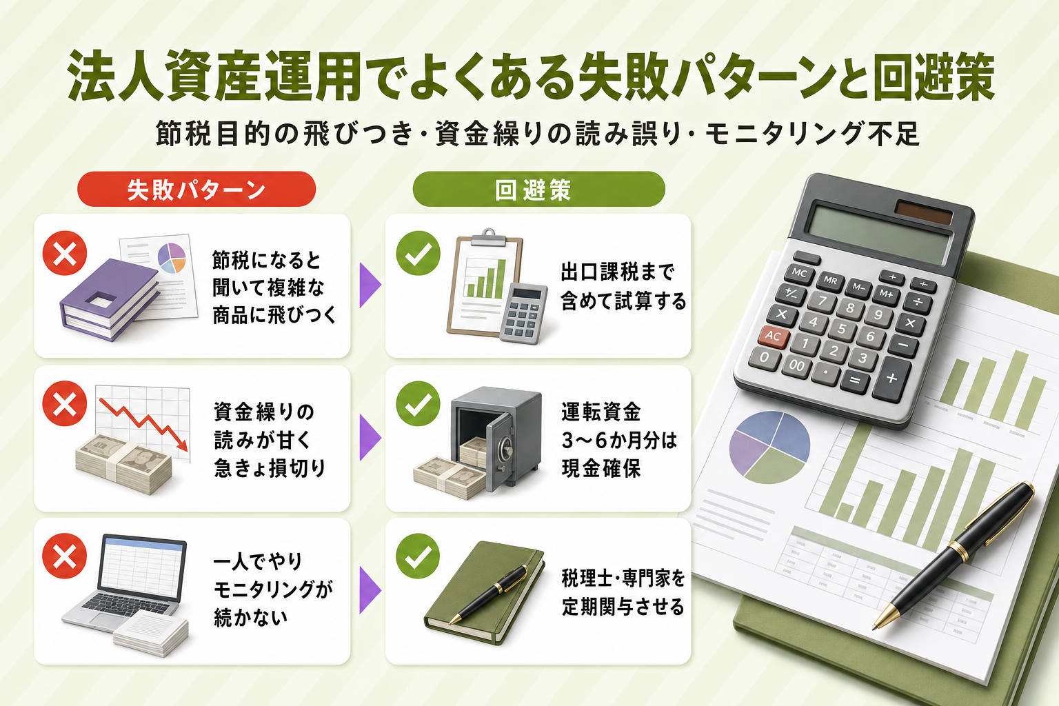 法人資産運用でよくある失敗パターン（節税目的の飛びつき・資金繰りの読み誤り・モニタリング不足）と回避策の対比バッジカード図解