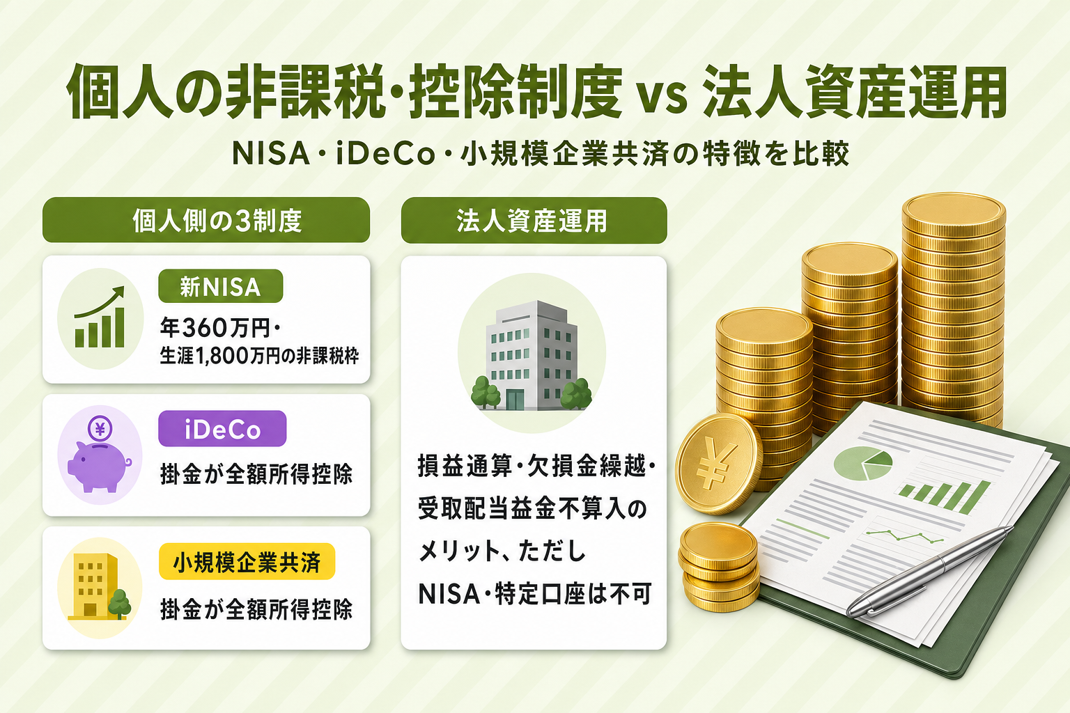 個人側の非課税・控除制度（新NISA・iDeCo・小規模企業共済）と法人資産運用の特徴を2列で比較した図解