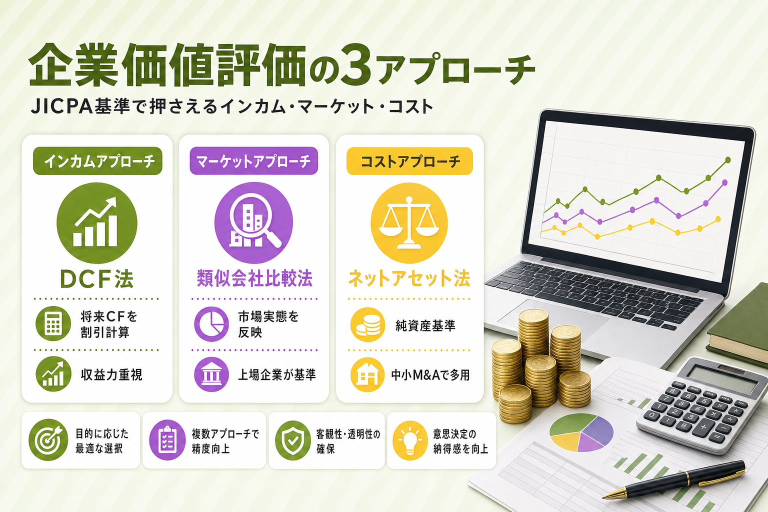 企業価値評価の3アプローチ（インカムアプローチ＝DCF法・マーケットアプローチ＝類似会社比較法・コストアプローチ＝ネットアセット法）の特徴を比較した図