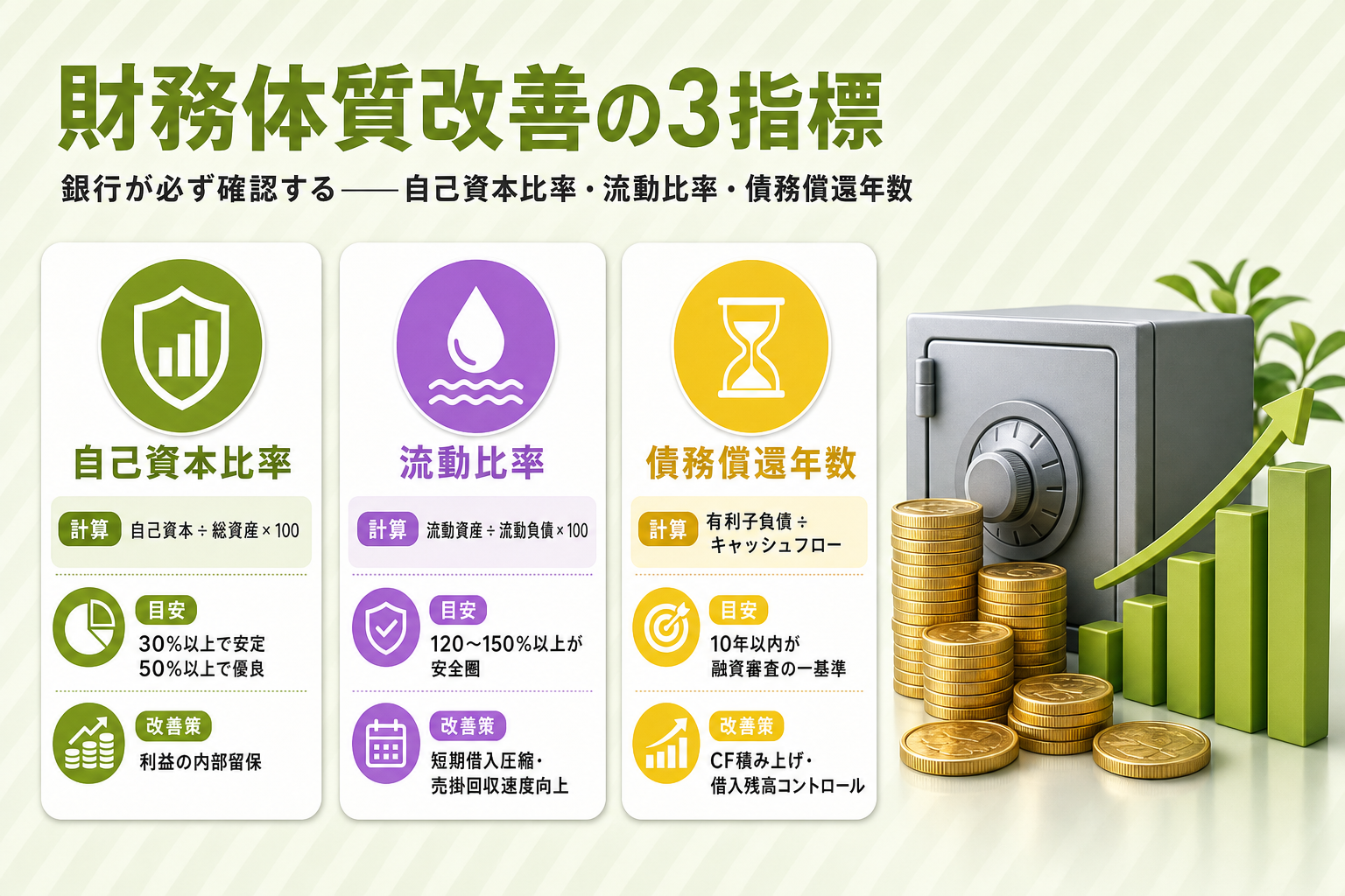 財務体質改善の3指標（自己資本比率・流動比率・債務償還年数）の計算式・目安・改善策をまとめた図