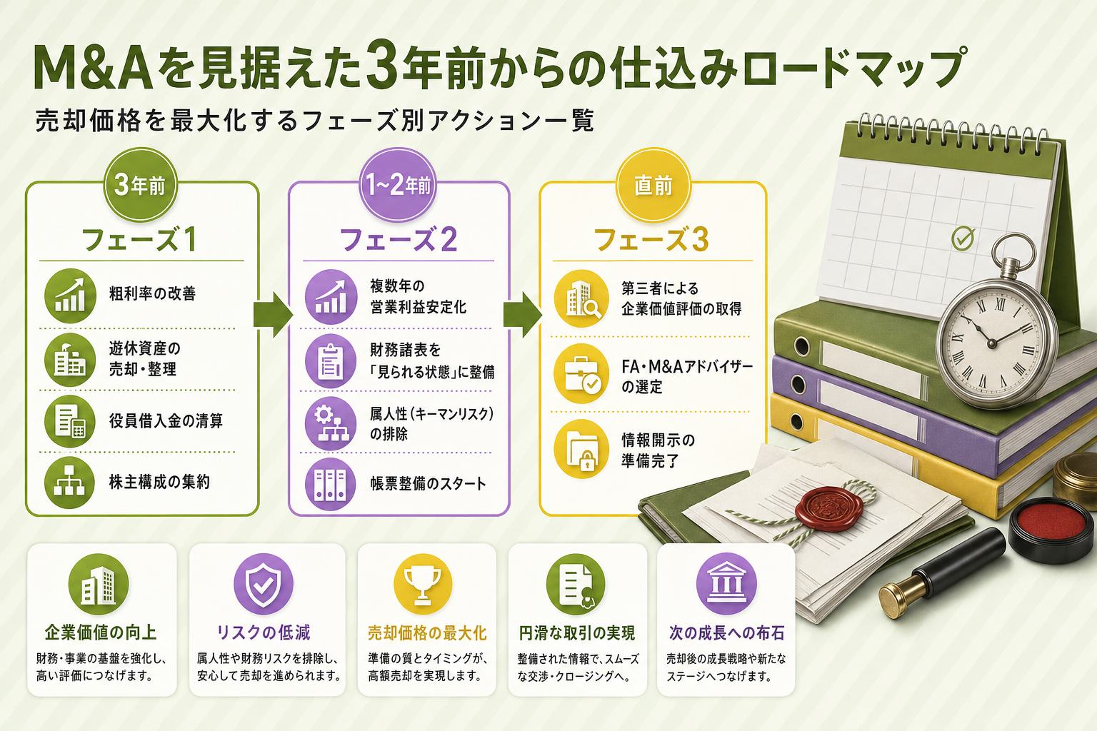 M&Aを見据えた3年前からの仕込みロードマップ（3年前・1〜2年前・直前のフェーズ別アクション一覧）