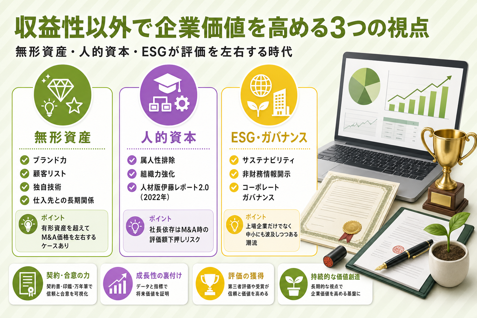 収益性以外で企業価値を高める3つの視点（無形資産・人的資本・ESG/ガバナンス）を示す図