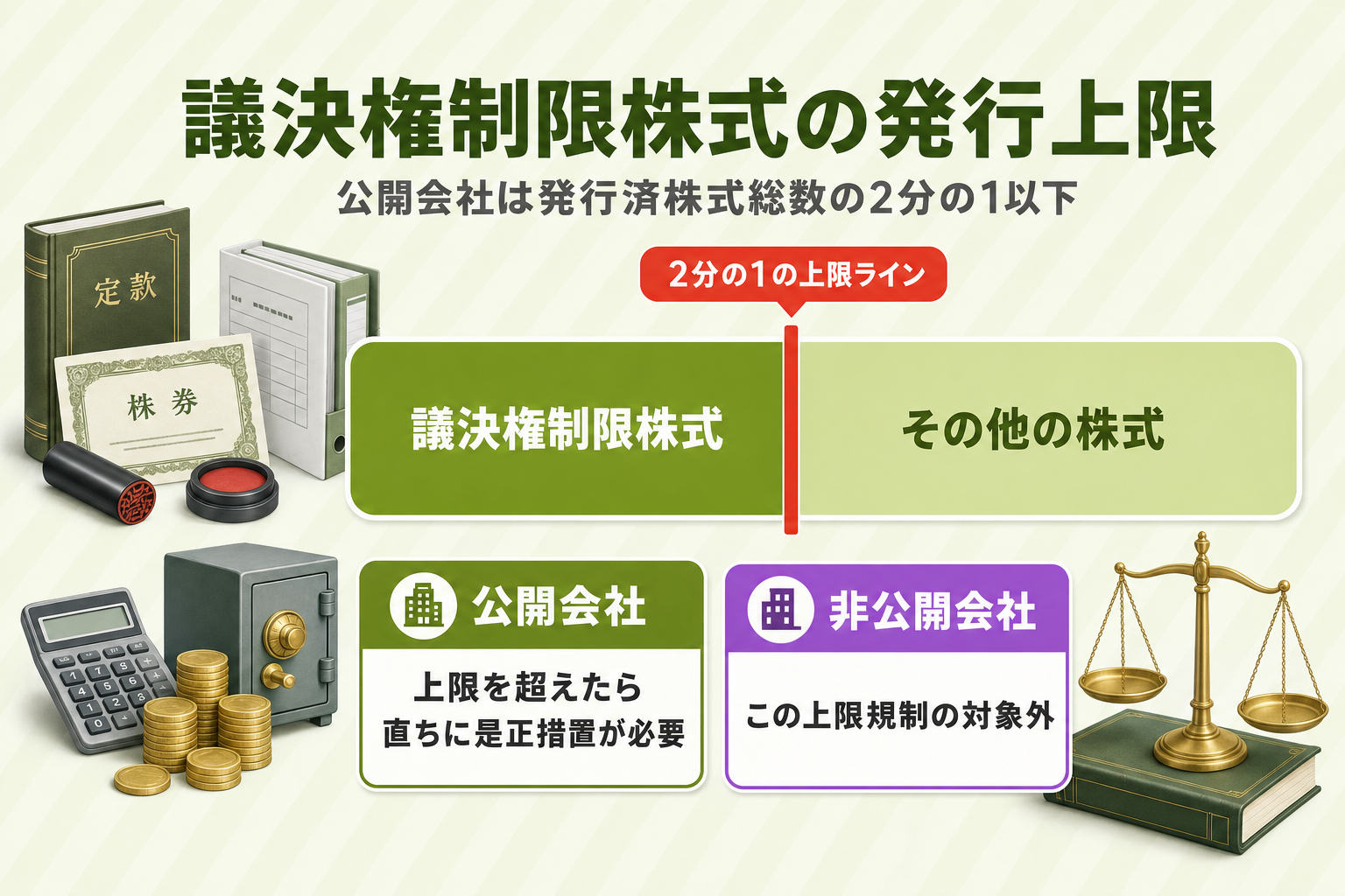発行済株式総数に占める議決権制限株式の割合と2分の1の上限ラインを示す抽象的なメーター図