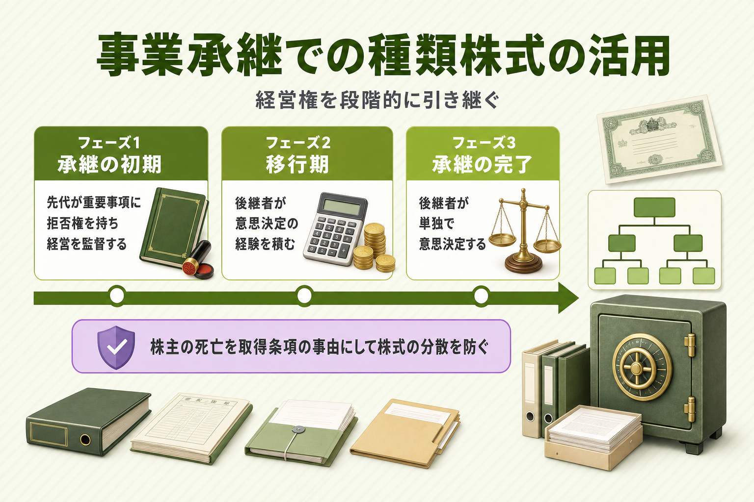先代経営者から後継者への経営移行タイムラインの中に拒否権付株式が段階的に位置づく概念図