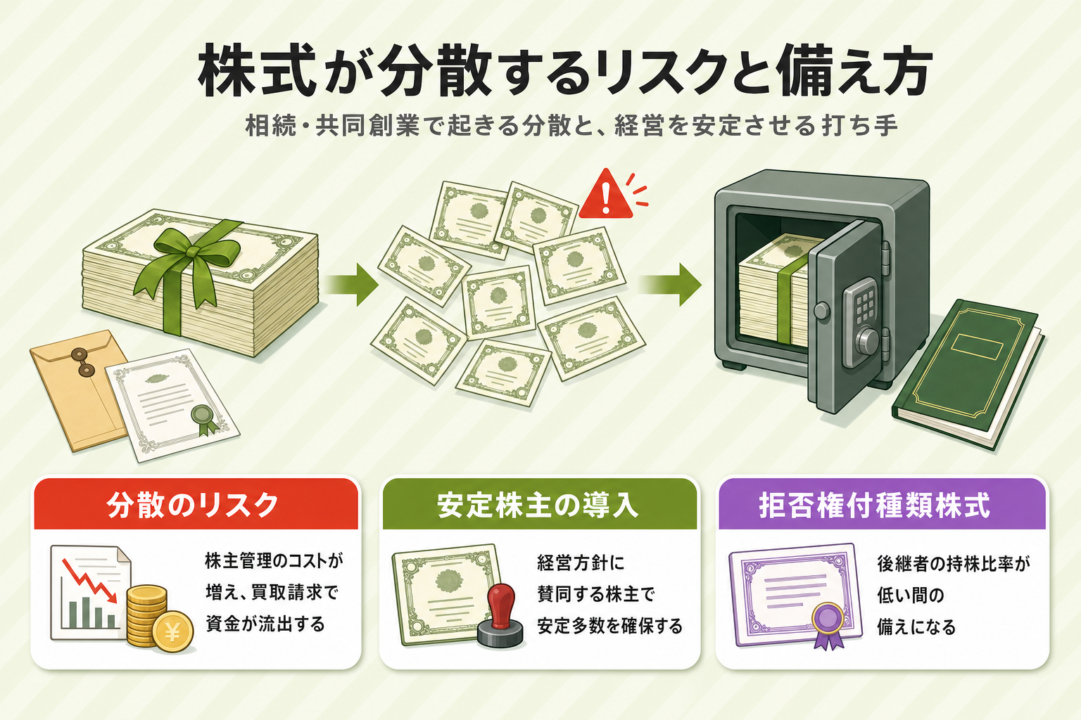 相続や共同創業で株式が分散するリスクと、安定株主の導入・拒否権付種類株式による対策を示したフロー図