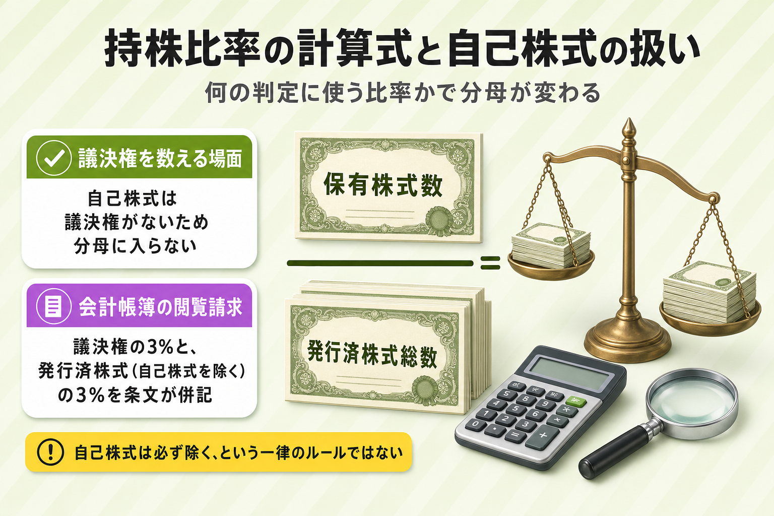 持株比率の計算式と、判定の場面ごとに自己株式を分母に含めるかが変わることを示した図
