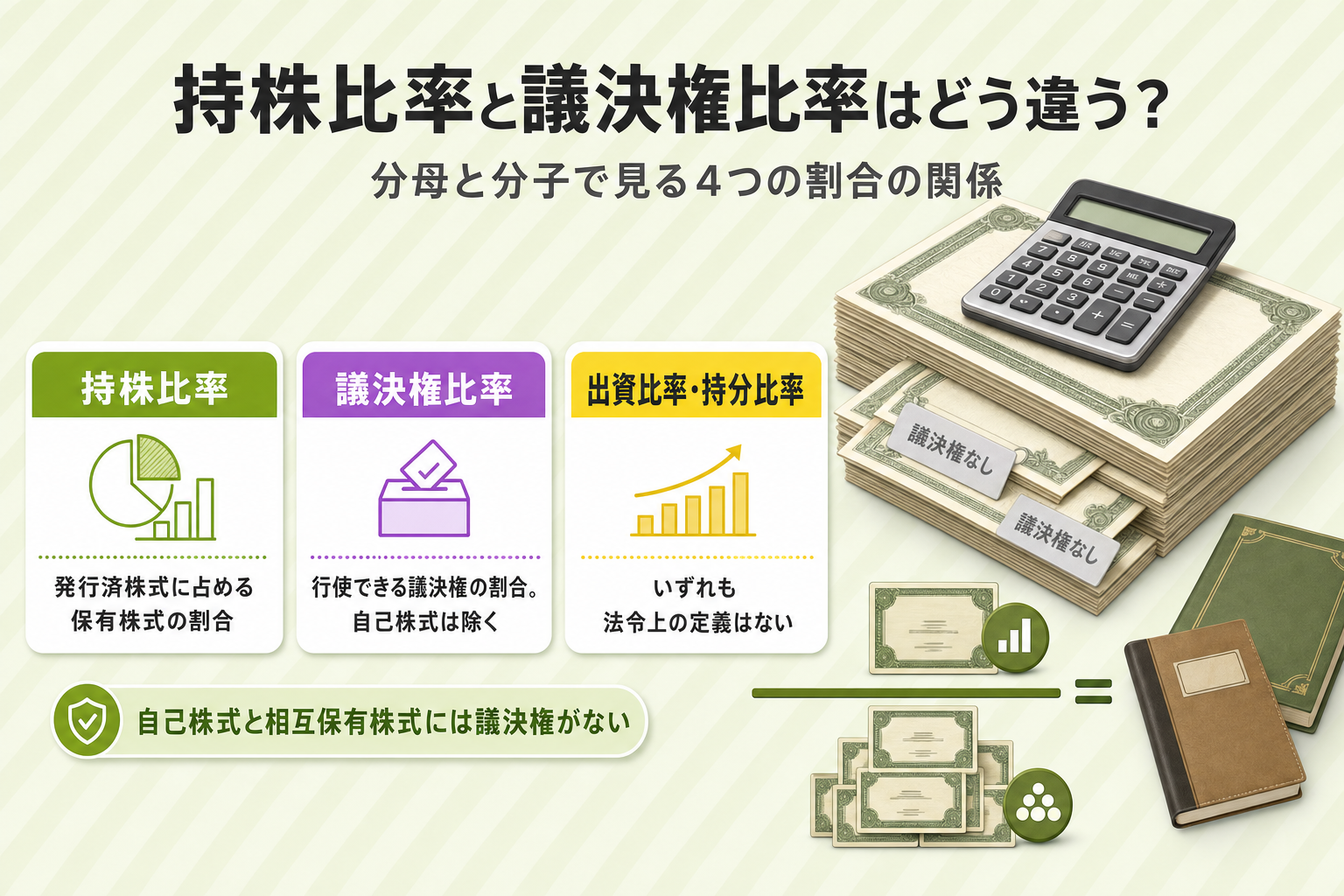 持株比率・議決権比率・出資比率・持分比率の違いを分母と分子の構造で比較した図