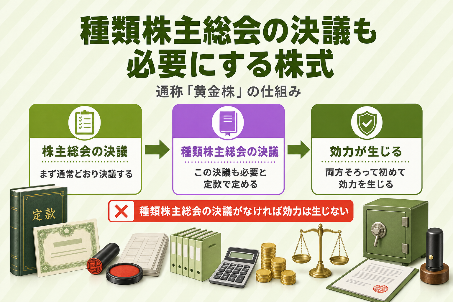 株主総会の決議に加えて種類株主総会の決議が必要になる二重の決議構造を示す概念図