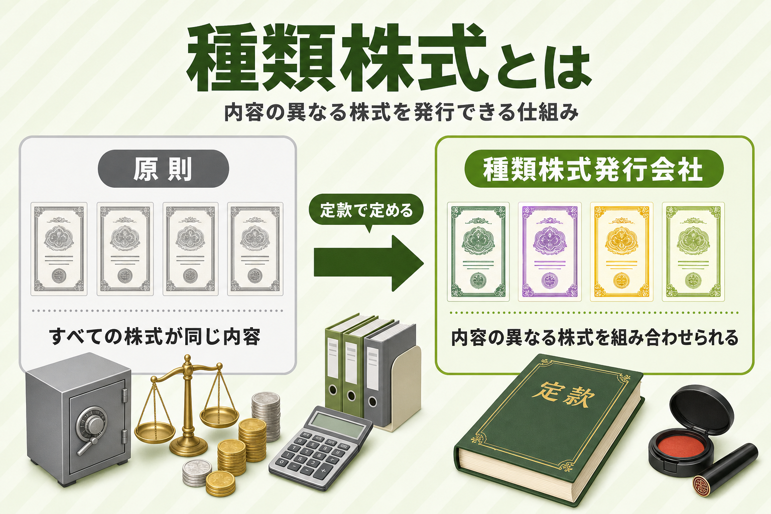 内容が同一の株式のみを発行する会社と、内容の異なる複数種類を発行する種類株式発行会社を対比した概念図