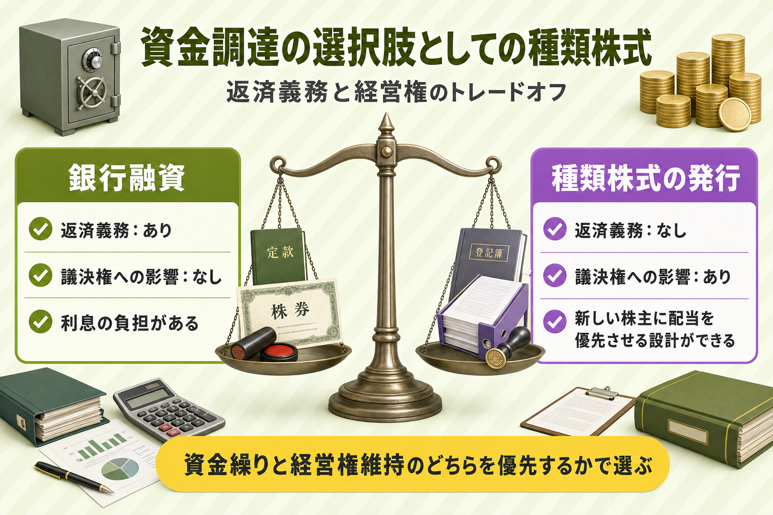 銀行融資と種類株式発行という2つの資金調達手段を返済義務の有無・議決権への影響という軸で対比する概念図