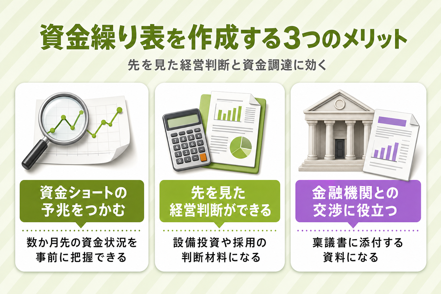 資金繰り表を作成する3つのメリットを示した図。資金ショートの予兆をつかむ・先を見た経営判断ができる・金融機関との交渉に役立つ