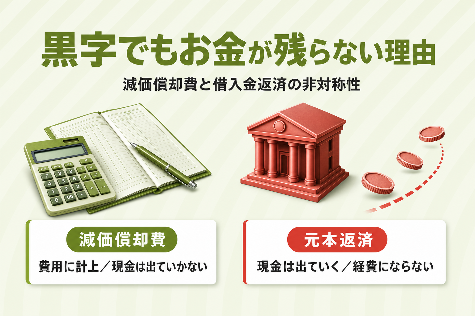 黒字でもお金が残らない理由の図解。減価償却費は費用でも現金が出ていかず、元本返済は現金が出ていくのに経費にならない非対称性