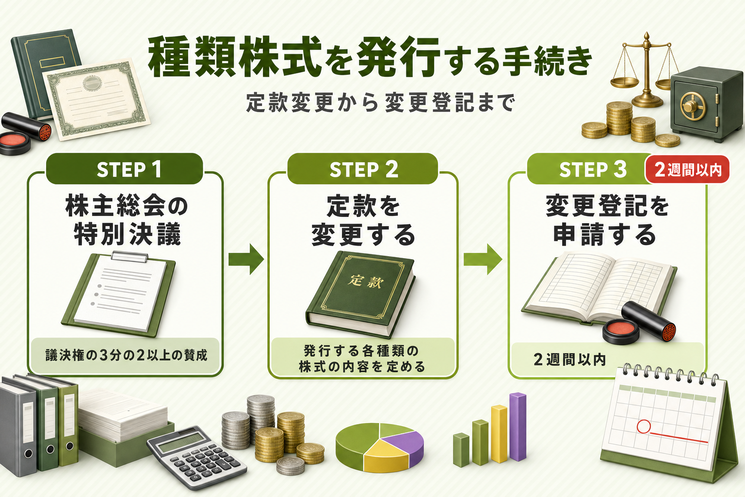 株主総会の特別決議による定款変更から2週間以内の変更登記までの時系列フロー図