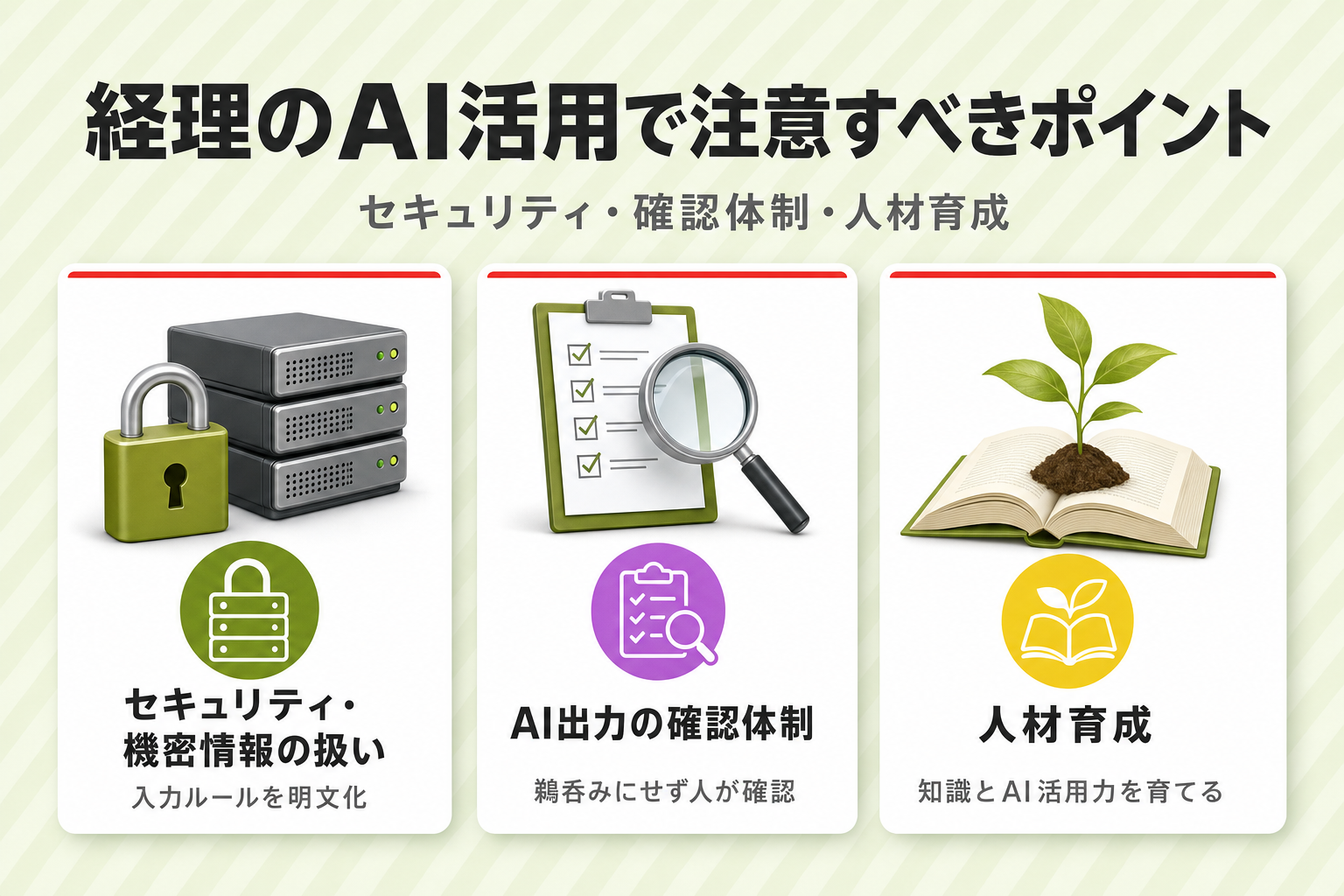 「セキュリティ」「出力の確認体制」「人材育成」の3枚の注意点カードを並列表示