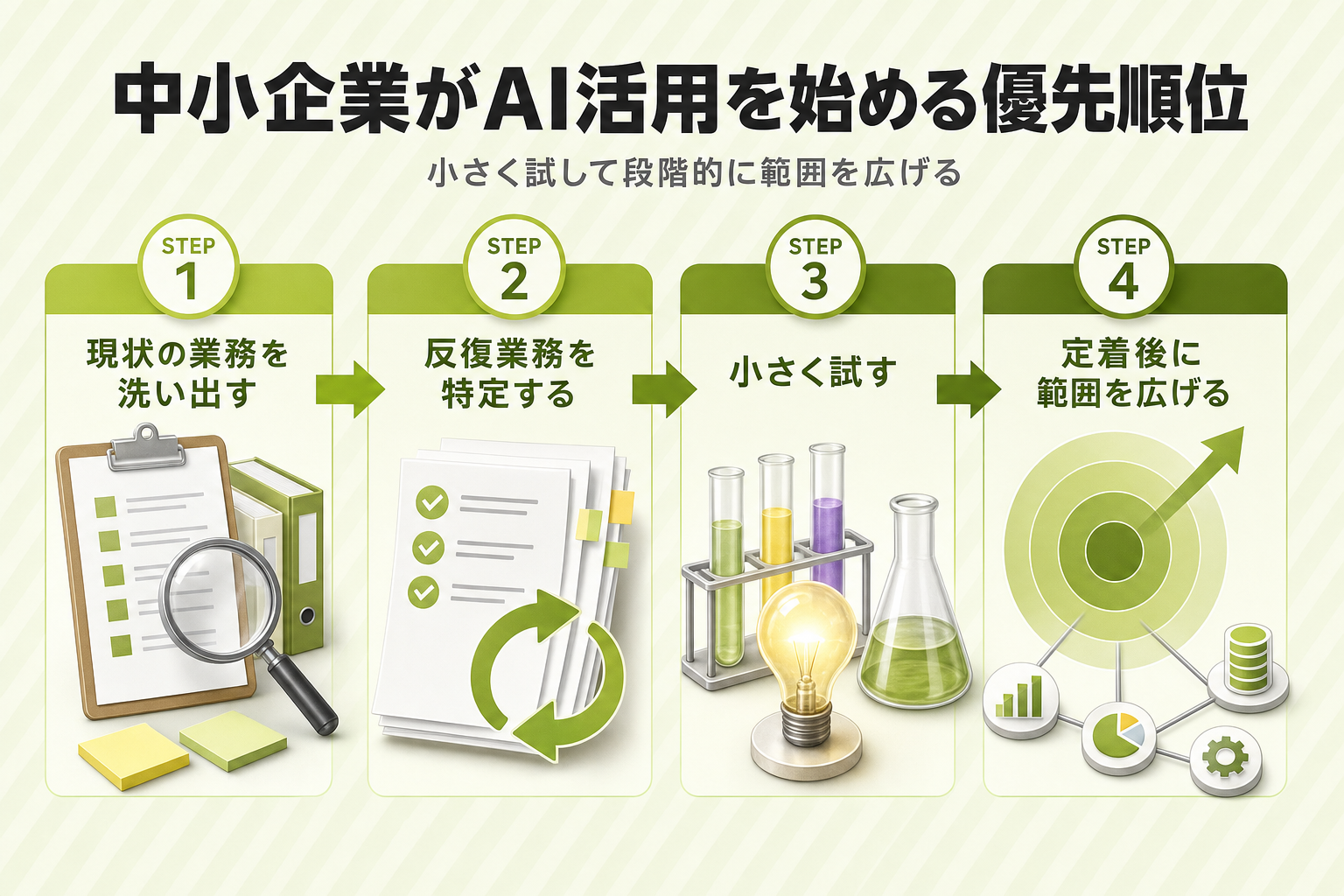 現状の業務洗い出しから反復業務の特定、小さく試す、定着後に範囲拡大までの4段階ステップ図