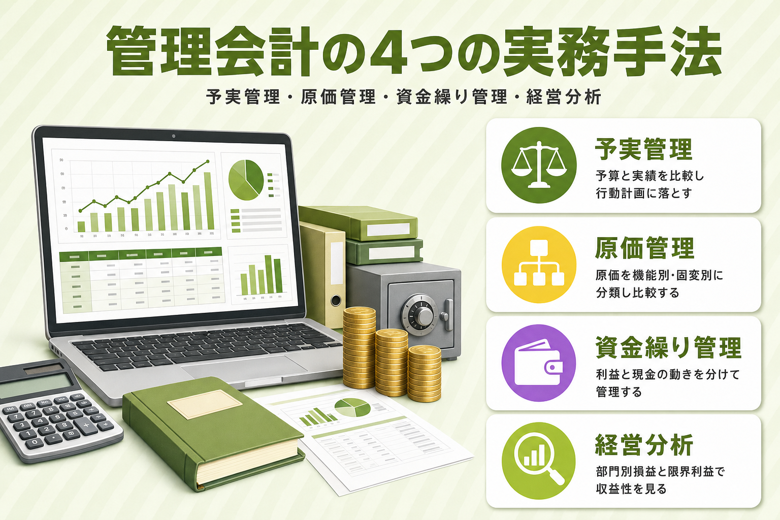 管理会計の4つの実務手法（予実管理・原価管理・資金繰り管理・経営分析）をアイコンカードで示す図解