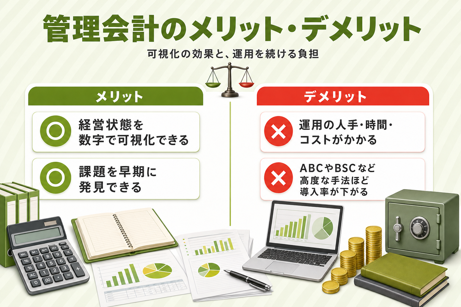 管理会計を導入するメリット（経営状態の可視化・課題の早期発見）とデメリット（運用負担・コスト増）を2カラムで対比する図解