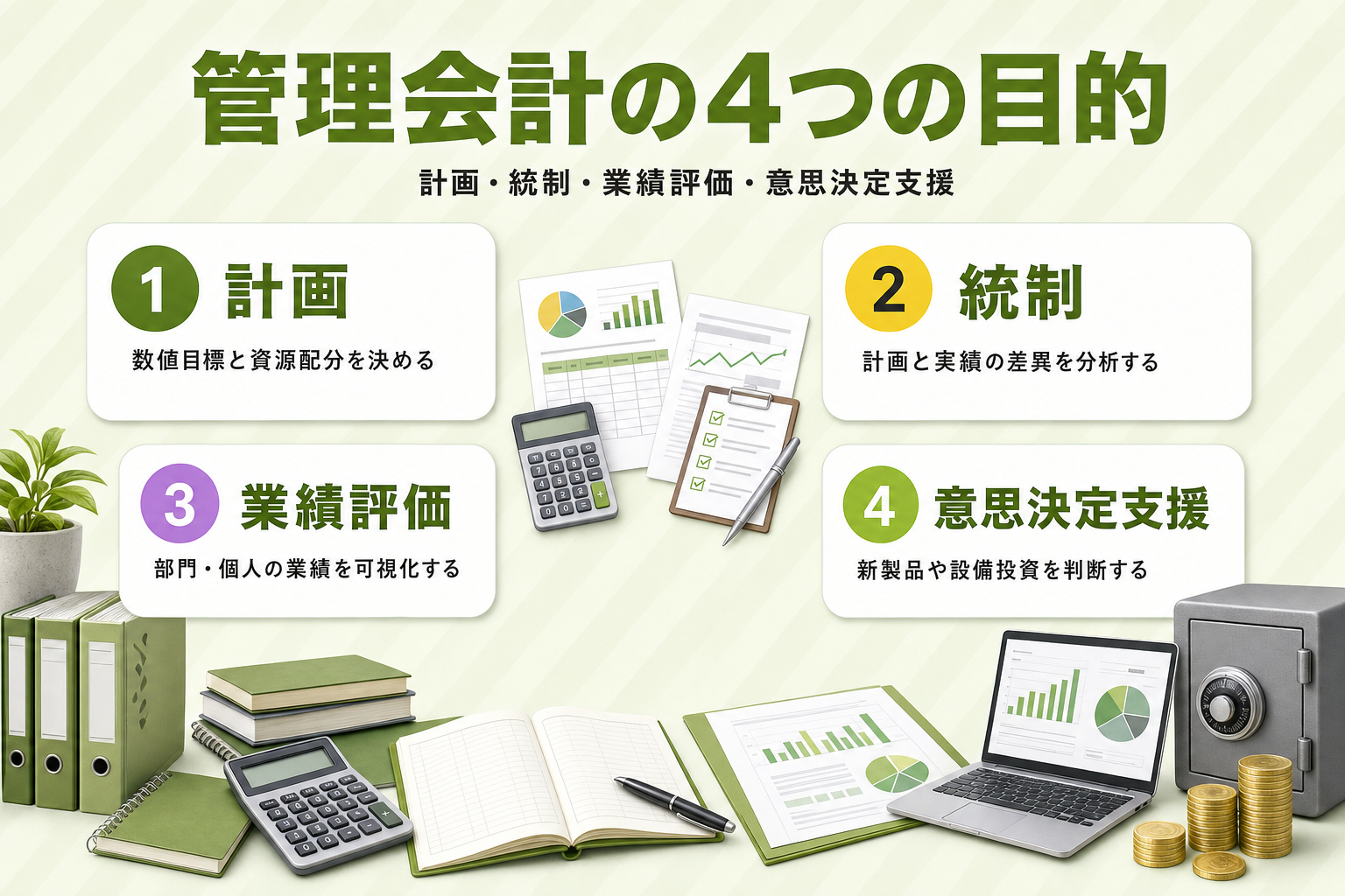 管理会計の4つの目的（計画・統制・業績評価・意思決定支援）を4象限のカードで示す図解
