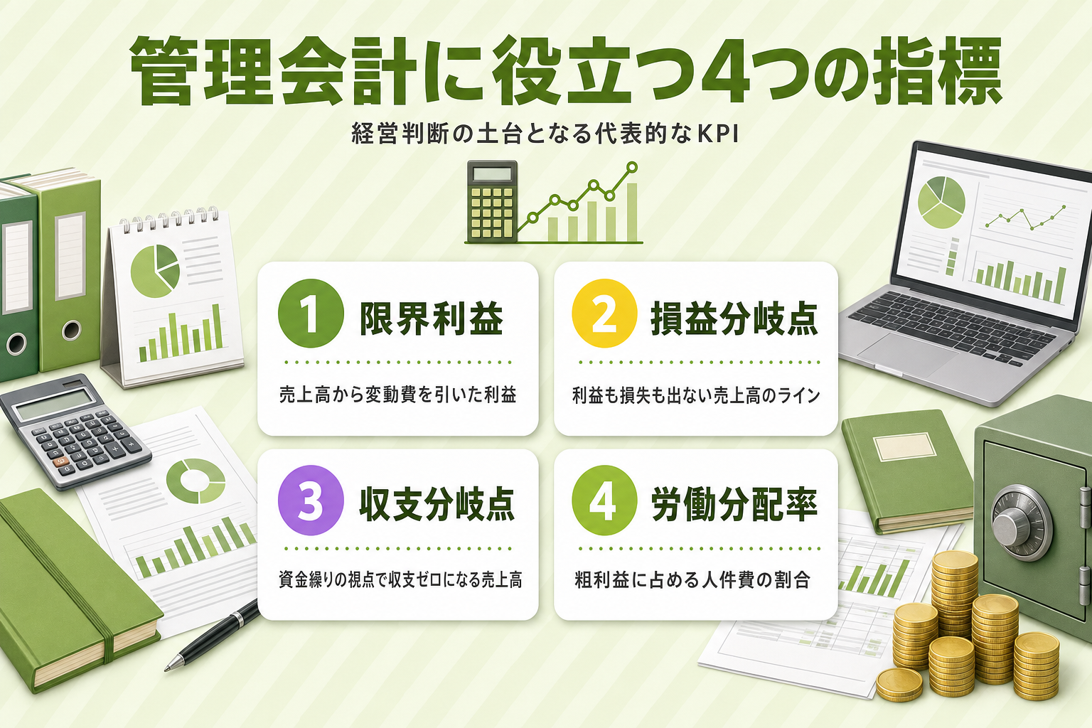 管理会計に役立つ4つの指標（限界利益・損益分岐点・収支分岐点・労働分配率）をカードで示す図解