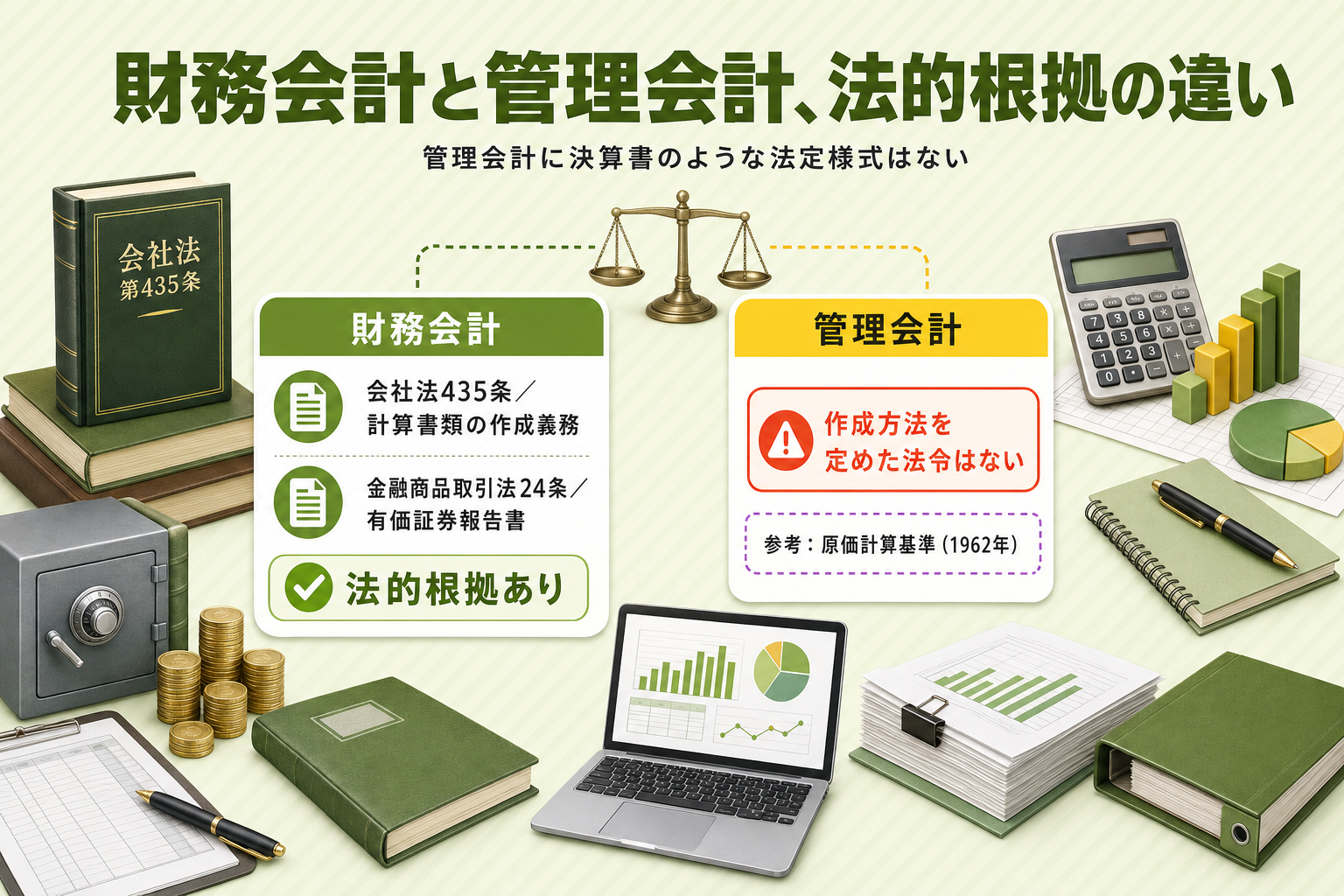 財務会計と管理会計の法的根拠の違いを示す対比図。財務会計は会社法435条と金融商品取引法24条という法的根拠があり、管理会計には作成方法を定めた法令がなく原価計算基準が参考として位置づけられることを表す