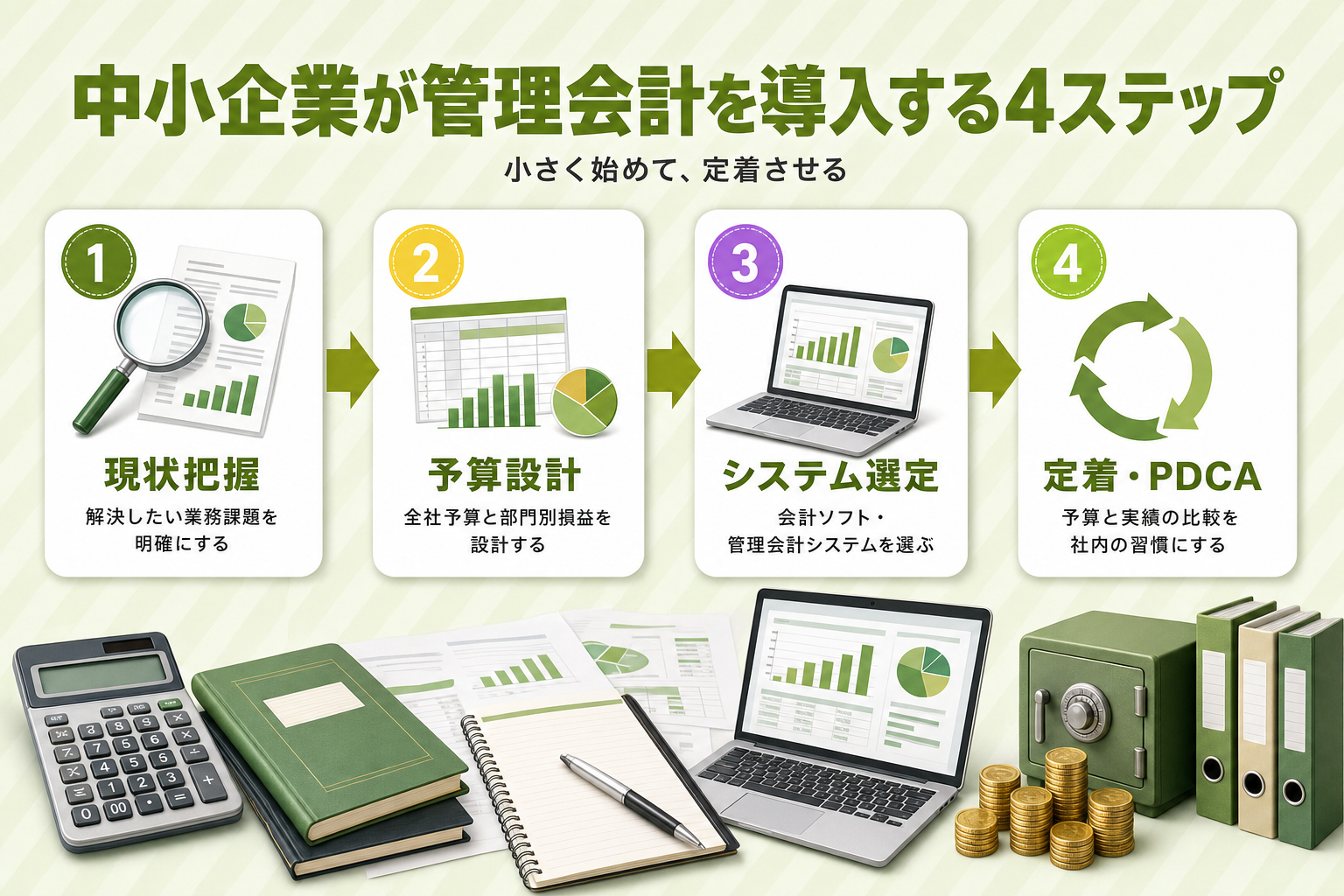 中小企業が管理会計を導入する4ステップ（現状把握→予算設計→システム選定→定着・PDCA）を示すフロー図