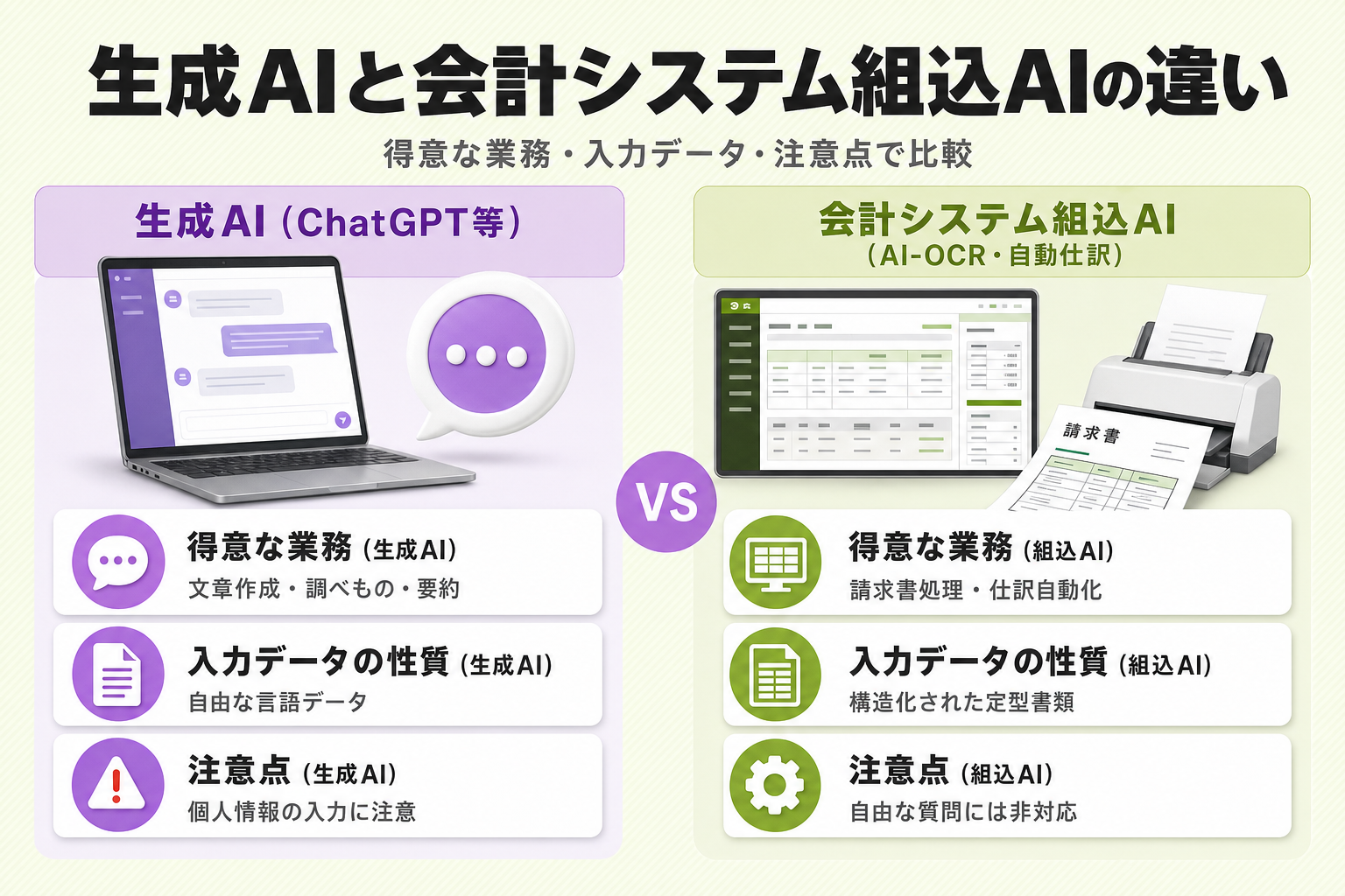 生成AIと会計システム組込AIを2カラムで比較するカード。得意な業務・入力データの性質・注意点の3行で対比